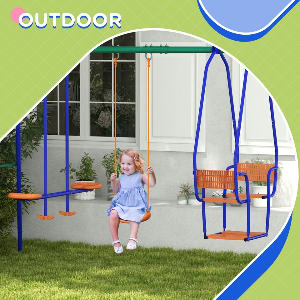 image 1 of Outsunny 3 in 1 Metal Kids Swing Set with Swing, Glider, Rocking Chair