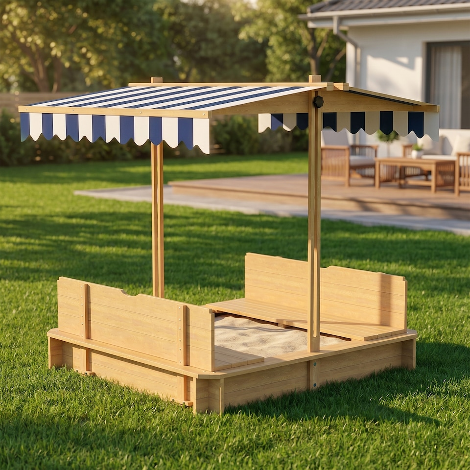 image 1 of Outsunny Kids Square Wooden Sandpit, Children Sandbox Outdoor Playset | Yellow | Natural, Blue