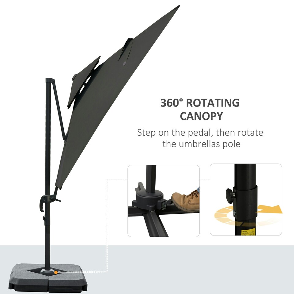 image 1 of Outsunny 360° Cantilever Parasol Roma Umbrella w/ Base Weights, Dark Grey