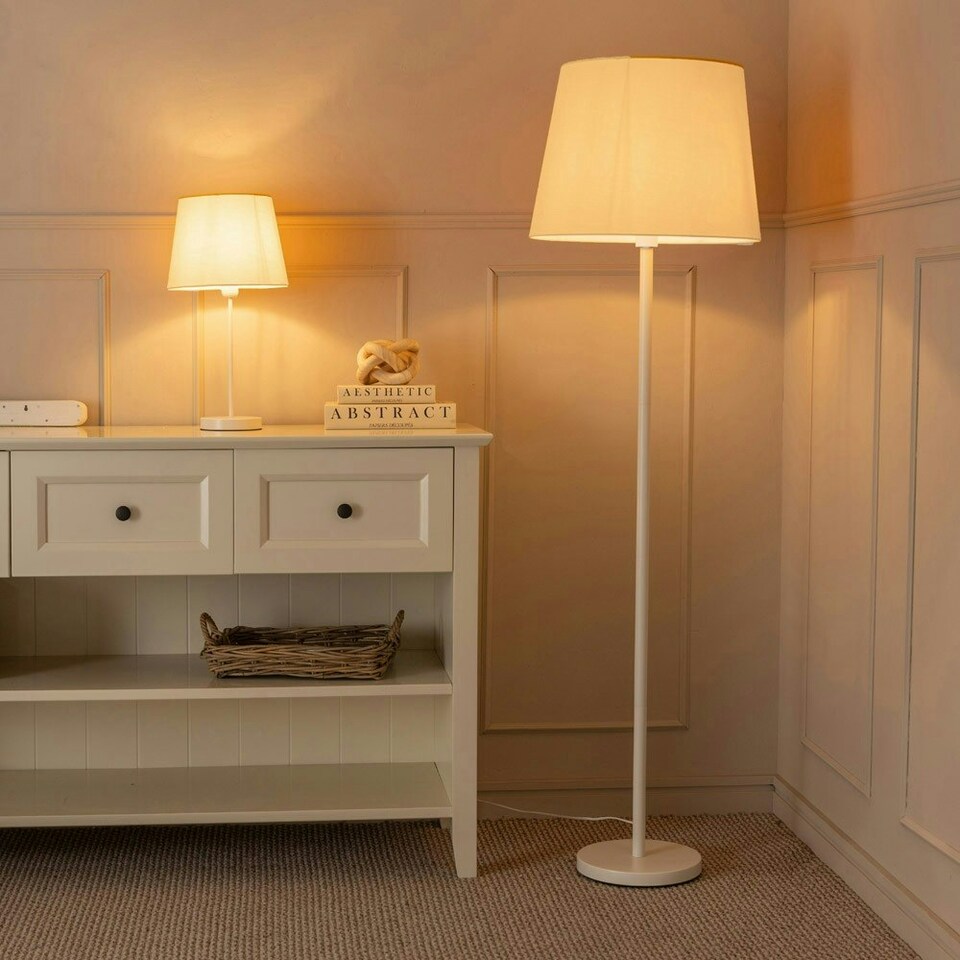 image 1 of ValueLights Charlie White Stem Table Lamp Beige Taper Shade Cream
