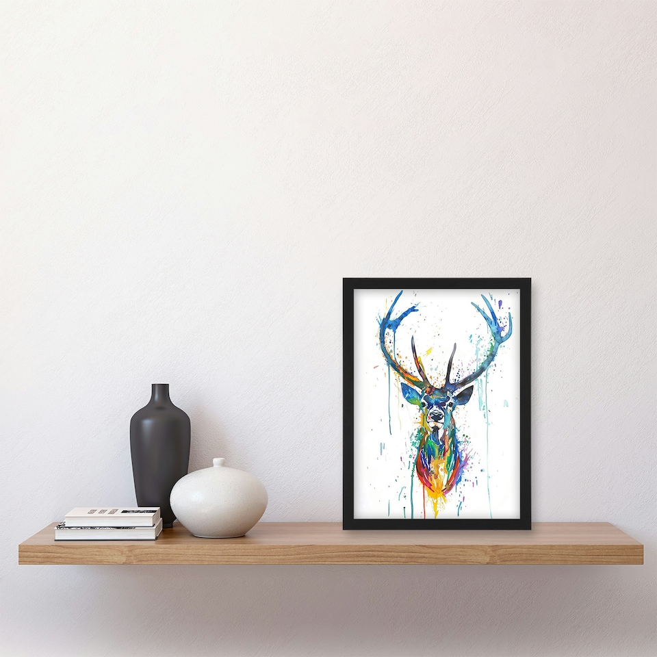 image 1 of Deer Stag Colourful Ink Splat Bright Portrait Black Framed Wall Art Print A4