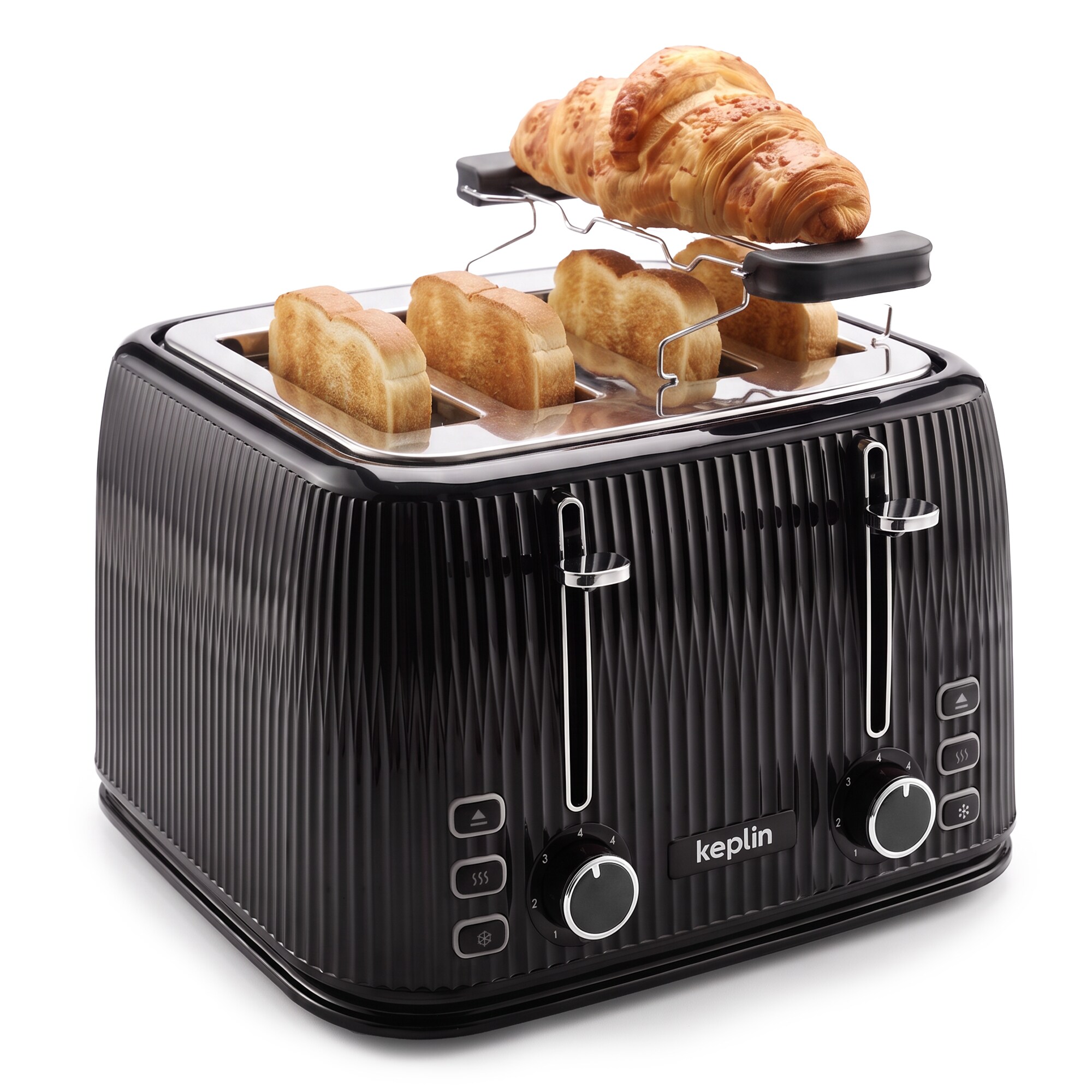 Keplin 4 Slice Toaster - 7 Browning Settings, Wide Slots, Bun Warmer in Black