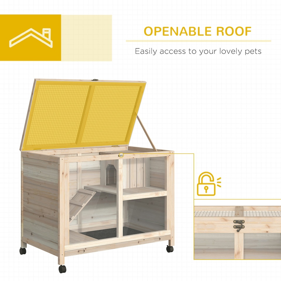 image 1 of PawHut Rabbit Hutch, Bunny Cage 2 Layers with Wheels & Open Roof, Natural