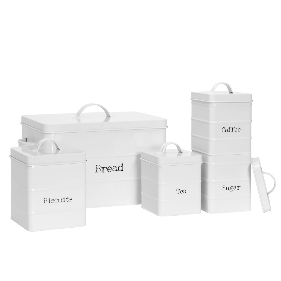 image 1 of Harbour Housewares 5 Piece Vintage Metal Kitchen Canisters Set - White