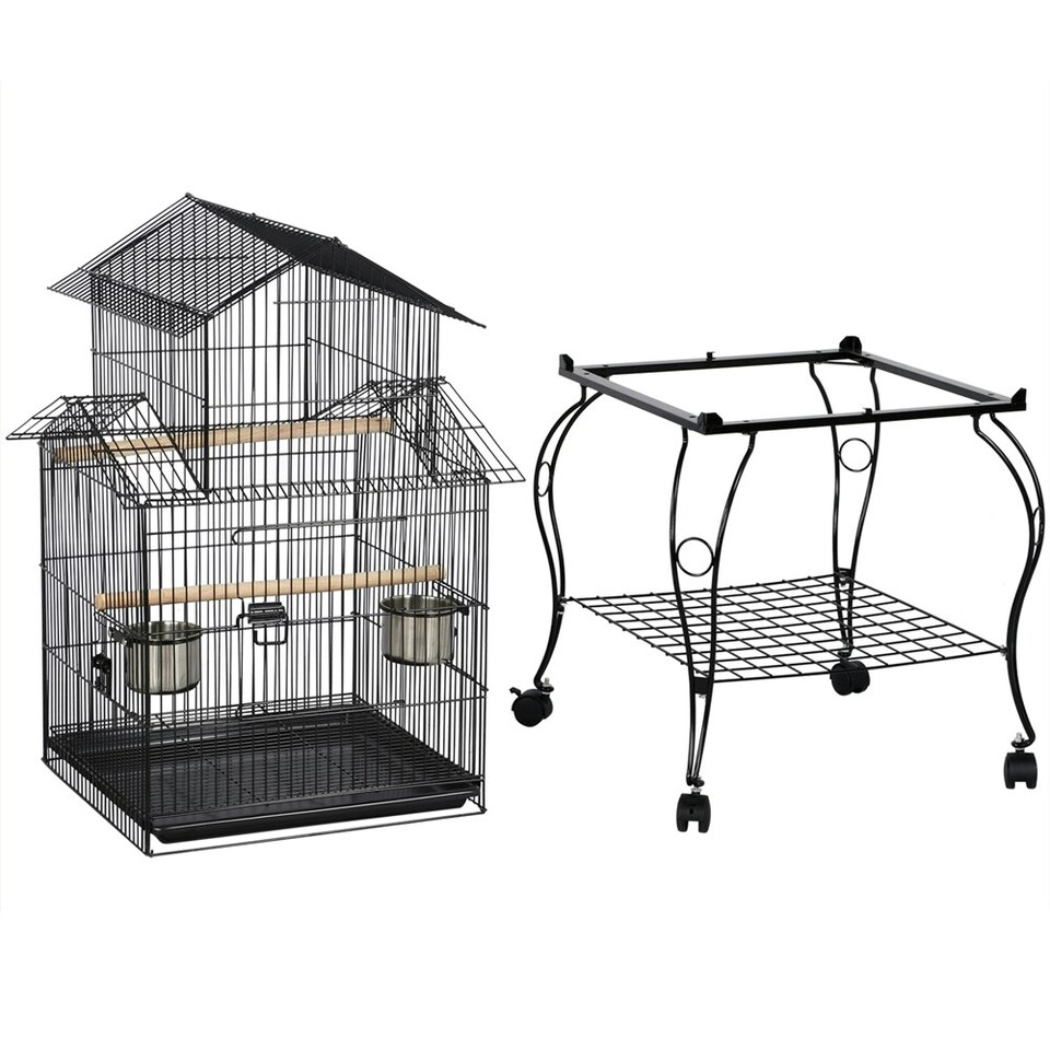 image 1 of Yaheetech 140 cm Tall Triple Roof Rolling Bird Cage with Detachable Stand Black
