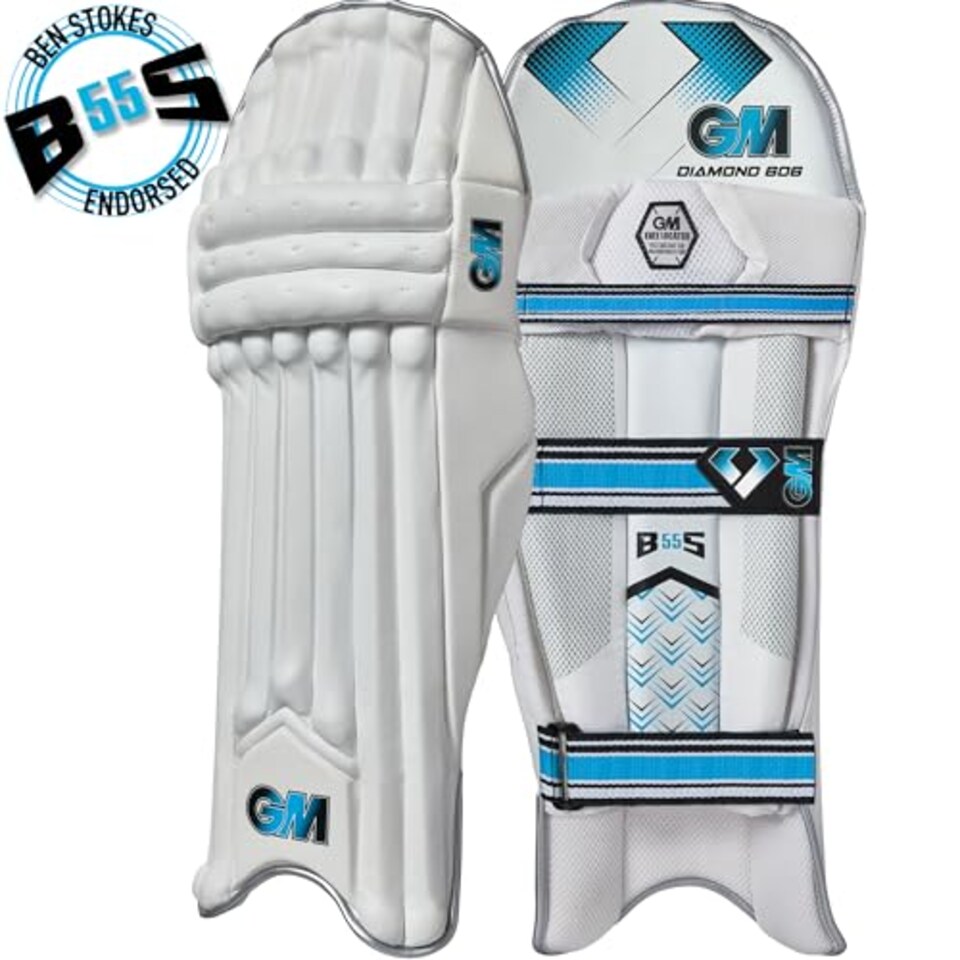 image 1 of Gm | Cricket Batting Pads | Ben Stokes Diamond 606 | Traditional Cotton & Cane | Junior Right Handed | Approx 1.39 kg Per Pair | 1 Pair | White | Gunn & Moore