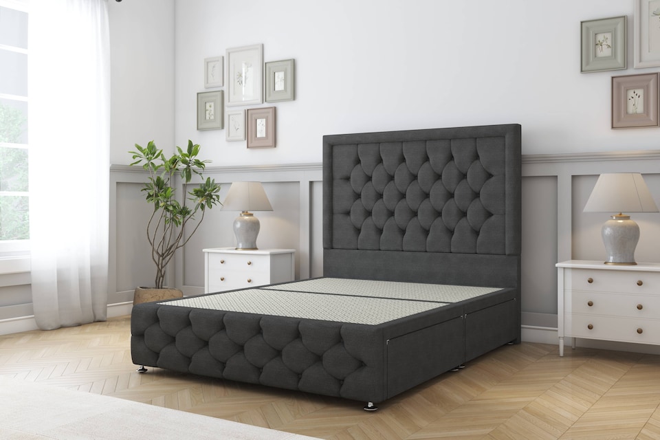 image 1 of Sloomy Vienna Graphite Dumfries Divan Bed Base 2 Drawers Right Side With 54 Inch Floor Standing Headboard & 12 Inch Matching Footboard | Grey | Graphite | Small Single | 1