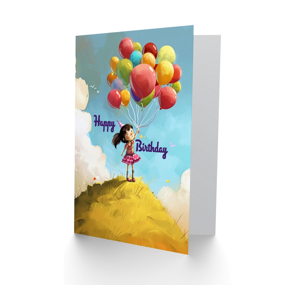 image 1 of Little Girl Balloon Bundle Hill Cartoon Cute Child Kids Birthday Card