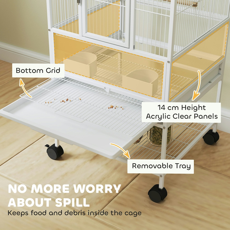 image 1 of PawHut Bird Cage Parrot Cage with Rolling Stand Acrylic Viewing Panels White