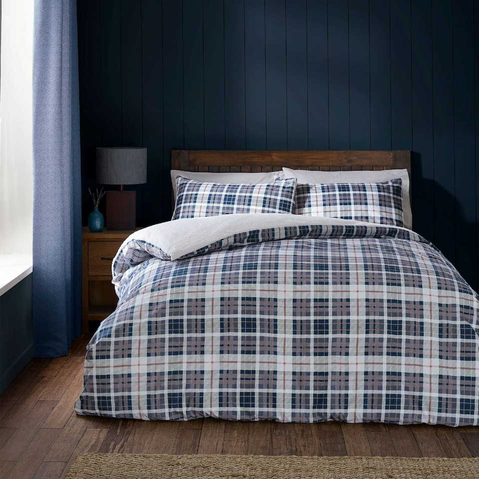 image 1 of Catherine Lansfield Cosy Sherpa Check Duvet Cover Set Grey (Copy) | Blue | Navy Blue | King