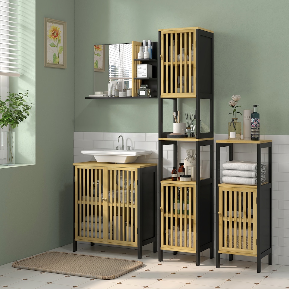image 1 of HOMCOM Tall Bathroom Storage Cabinet, Slim Bamboo Bathroom Cabinet with 2 Open Compartments, 2 Slatted Doors and Adjustable Shelves, Black