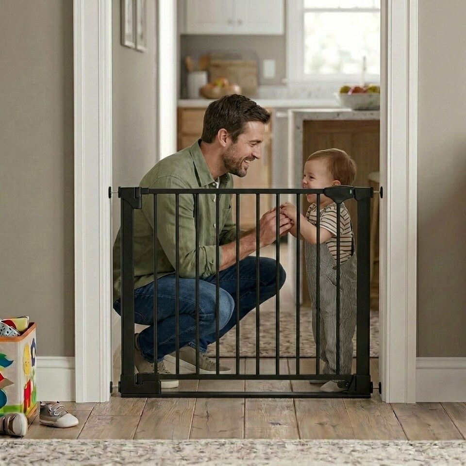 image 1 of Safetots SafeStep Gate, Black, 110cm - 117cm, Extra Low Walkthough, 81cm Extra Wide Doorway, Extra Wide Gate for Stairs, Hallways and Doors, Baby and Toddler, Easy Installation