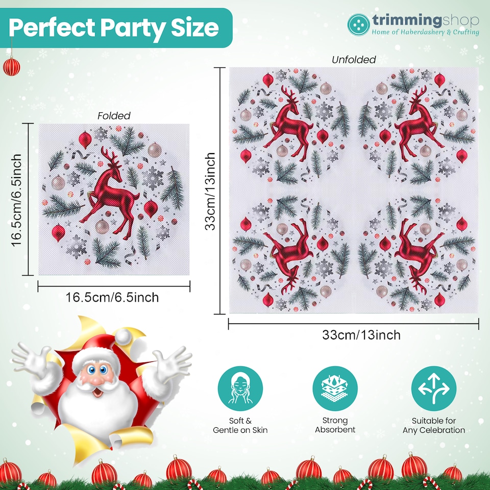 image 1 of 33 x 33cm White 2 Ply Disposable Christmas Dinner Napkins - 20 Pack