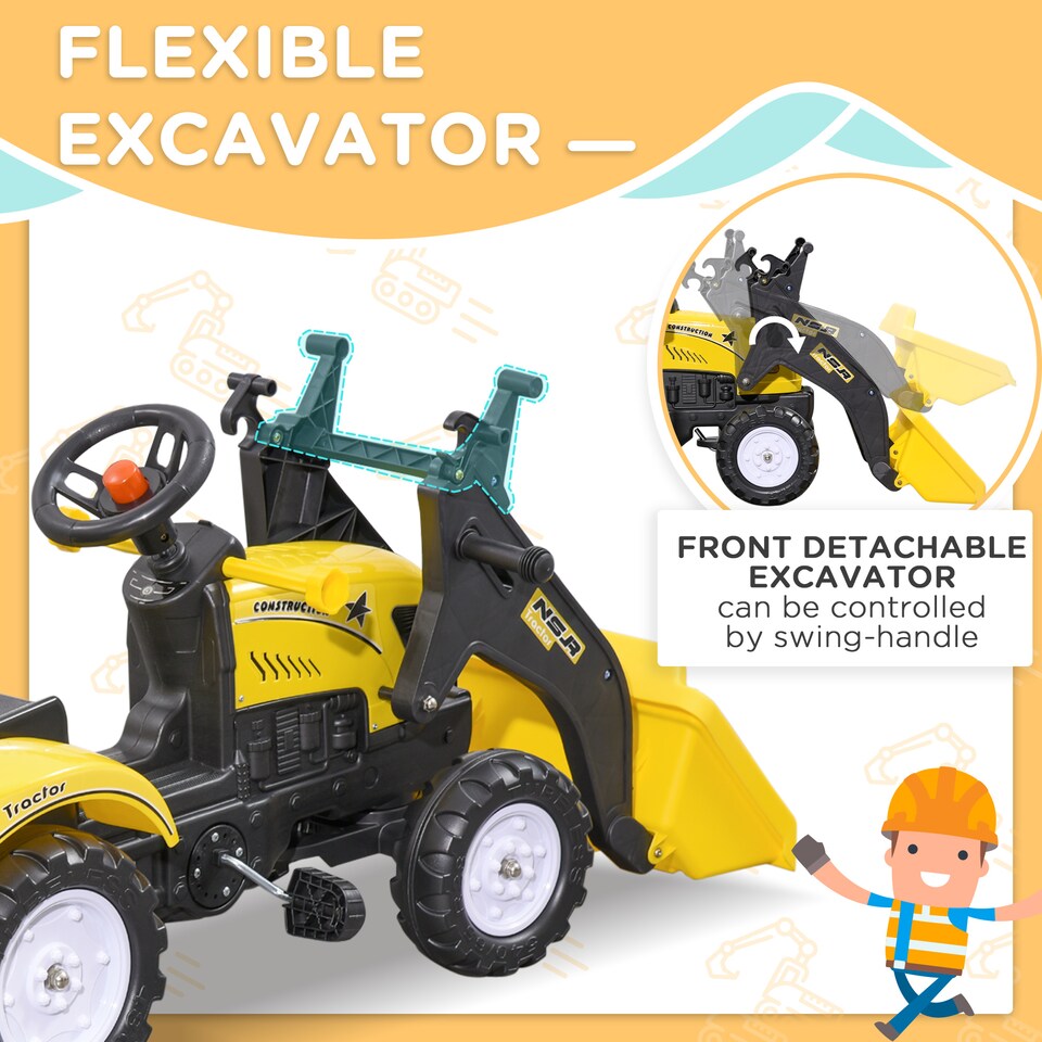 image 1 of HOMCOM Kids Pedal Go Kart, Children Ride on Digger, Ride on Toy Car, Excavator Tractor Digger Dumper for Kids 3 Years, Yellow