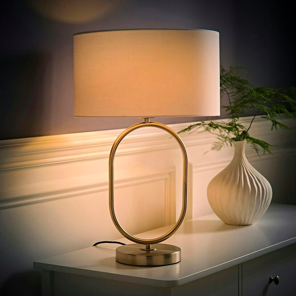 image 1 of ValueLights Antonia White Fabric Drum Lamp Shade Brushed Chrome Oval Table Lamp and LED Bulb Silver