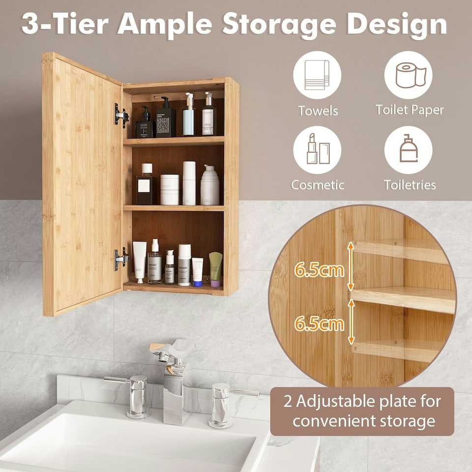 image 1 of COSTWAY Bathroom Medicine Cabinet Single Bamboo Storage Brown