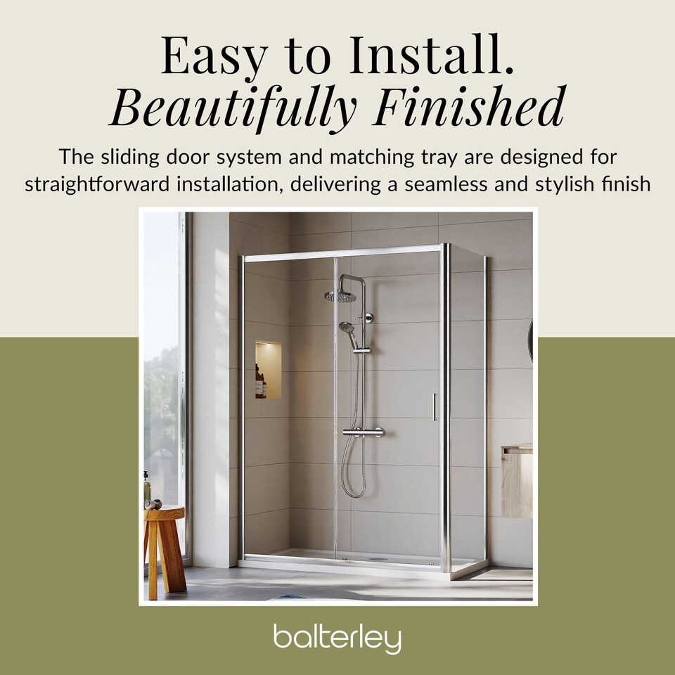 image 1 of Balterley Sliding Shower Suite with 6mm Safety Glass Door, Side Panel & 1400 x 700mm Shower Tray in Chrome Frame | Silver | Chrome | 3