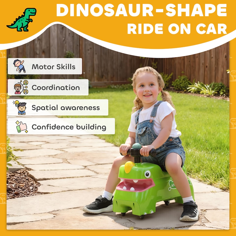 image 1 of AIYAPLAY Kids Ride On Car, Dinosaur Shape Toddler Walker, Green