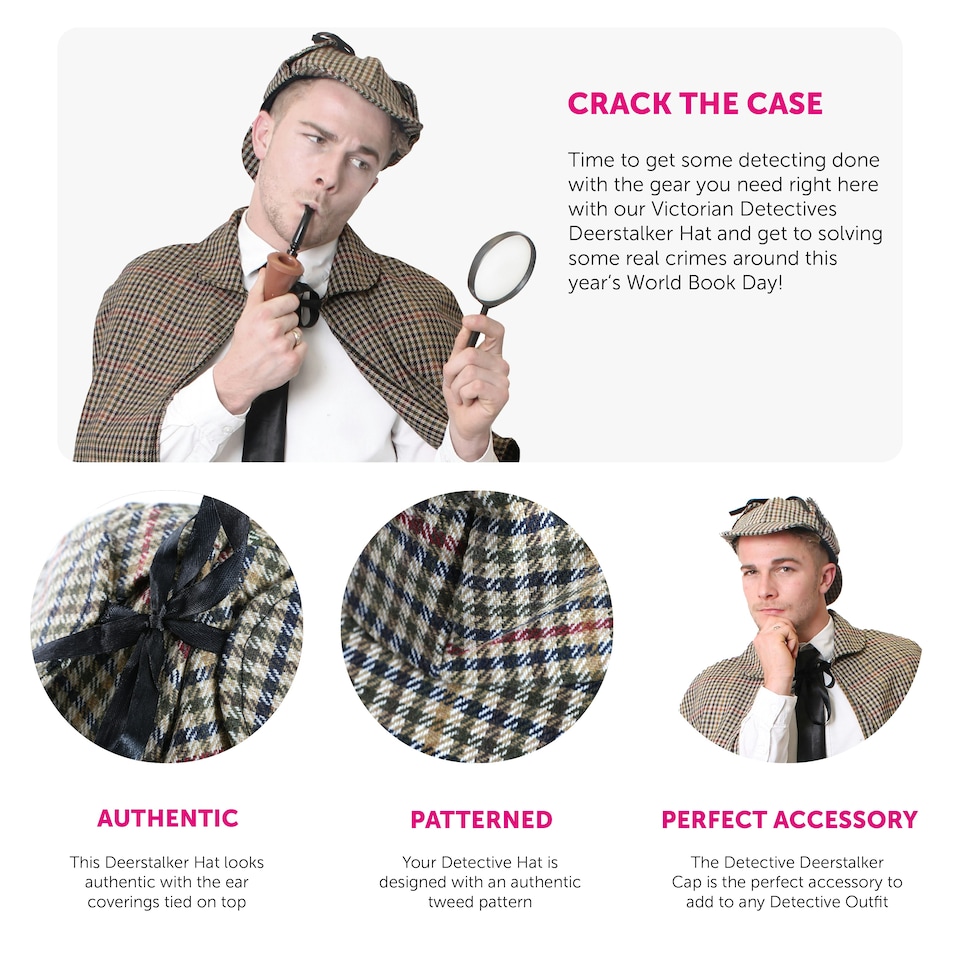 image 1 of Victorian Detective Deerstalker Hat – Classic Sherlock Holmes Fancy Dress Accessory N/A | One Size