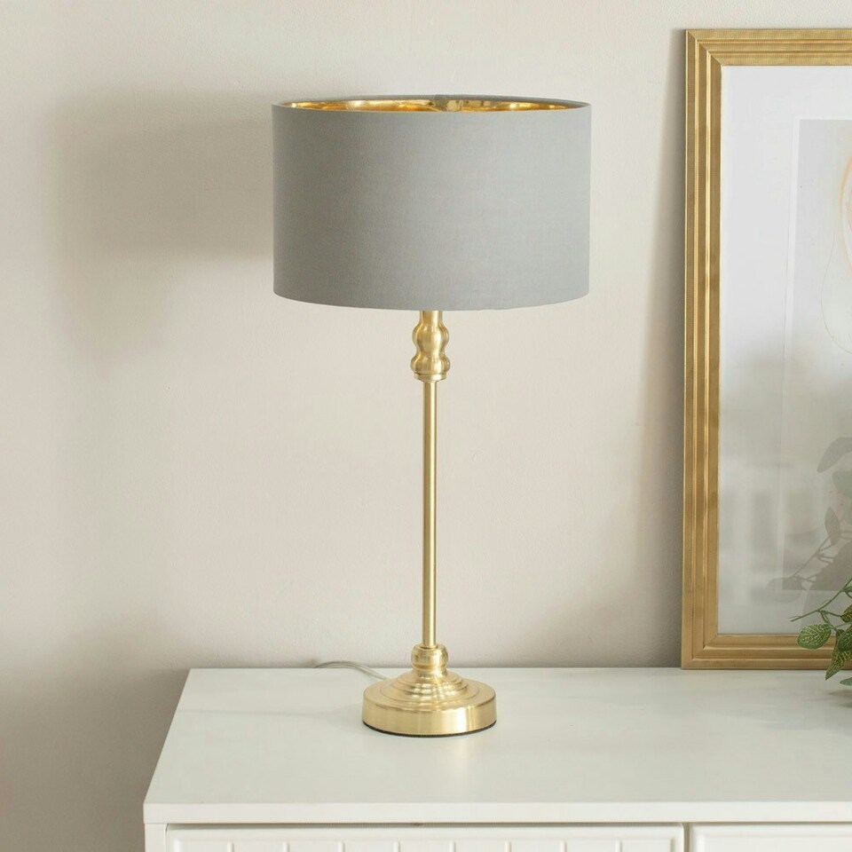 image 1 of ValueLights Maggie Gold Candlestick Table Lamp with Grey with Gold Inner Lamp Shade Gold