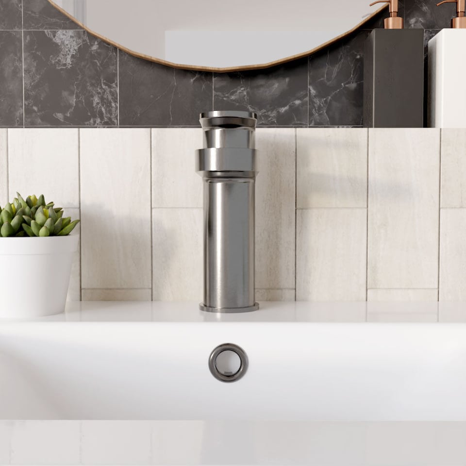 image 1 of Current Round Mono Basin Mixer Tap, Push Button Waste - Brushed Pewter | Silver | Brushed Pewter | 1