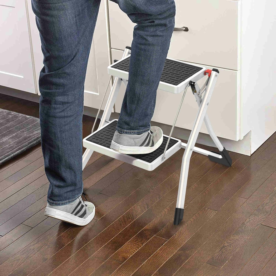 image 1 of Oypla Foldable 2 Step Ladder Stepladder Non Slip Tread Safety Steel Portable Step Stool White
