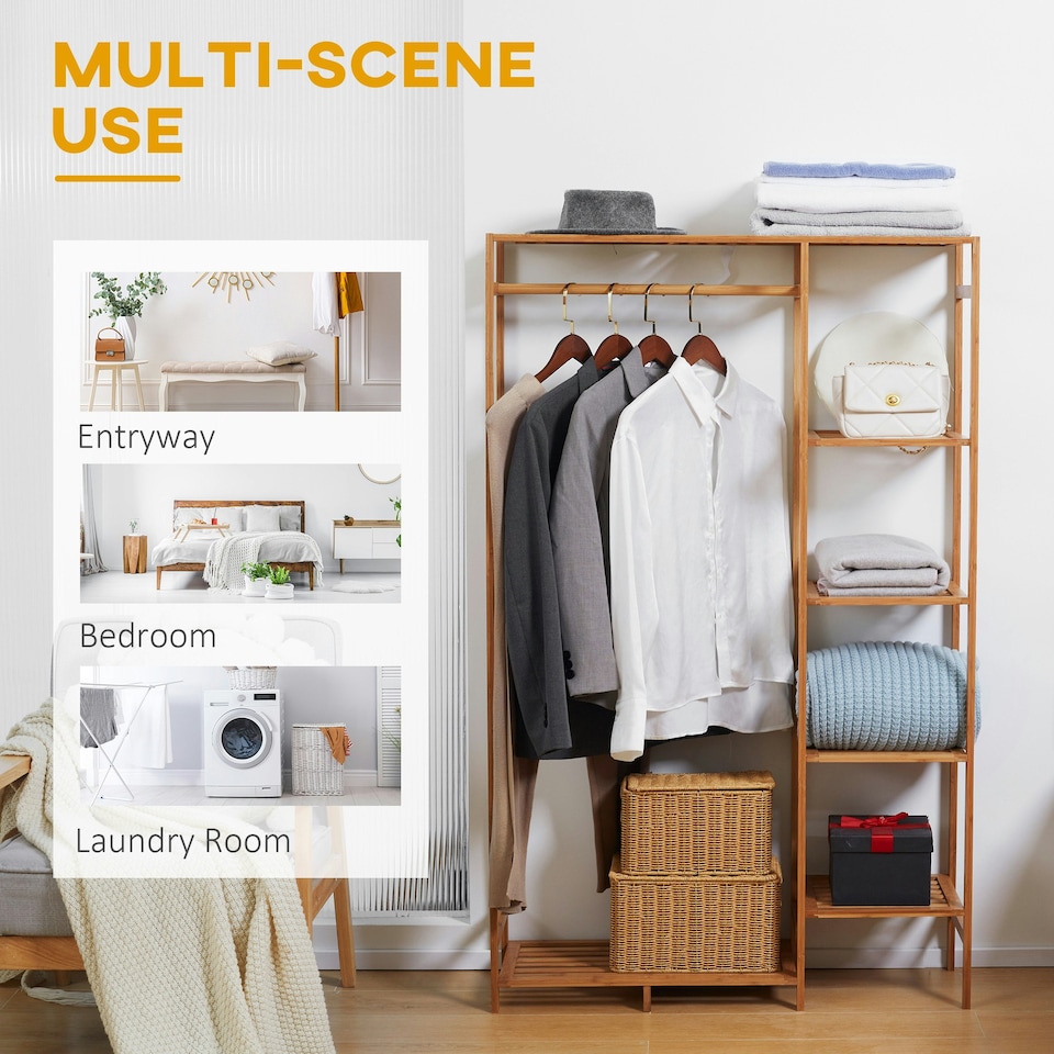 image 1 of HOMCOM Bamboo Clothes Rail Garment Rack with 6 Tier Storage Shelf Hanging Rod