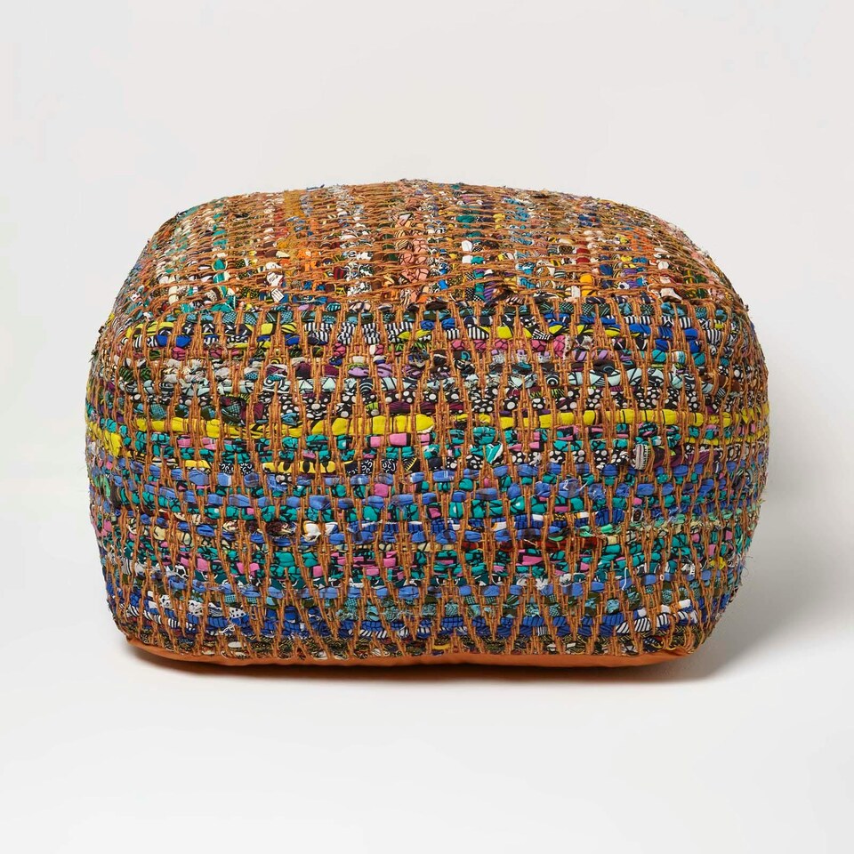 image 1 of Homescapes Multicolour Chindi Design Bean Filled Pouffe Large - 60 x 60 x 30 cm | Multi | 60 x 60 x 30 cm
