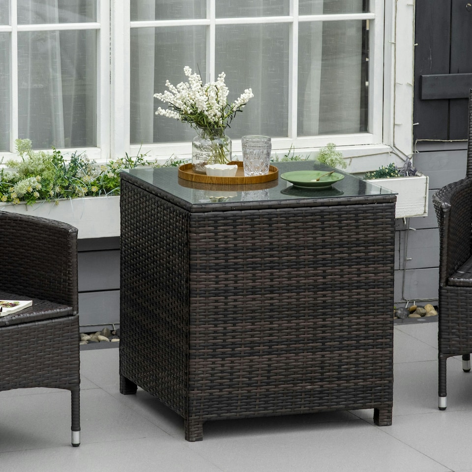 image 1 of Outsunny Side Table Furniture Tempered Glass Garden Patio Wicker Brown