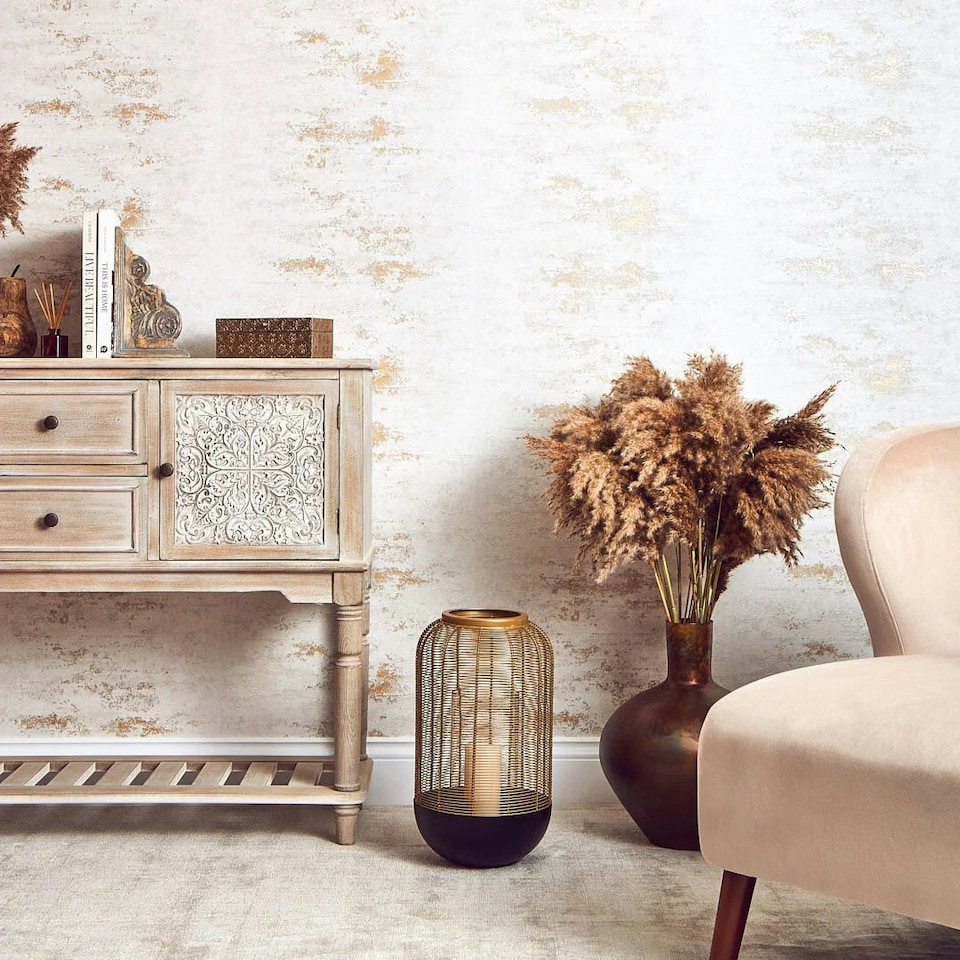 image 1 of Venice Industrial Metallic Wallpaper in Ivory and Gold Multi