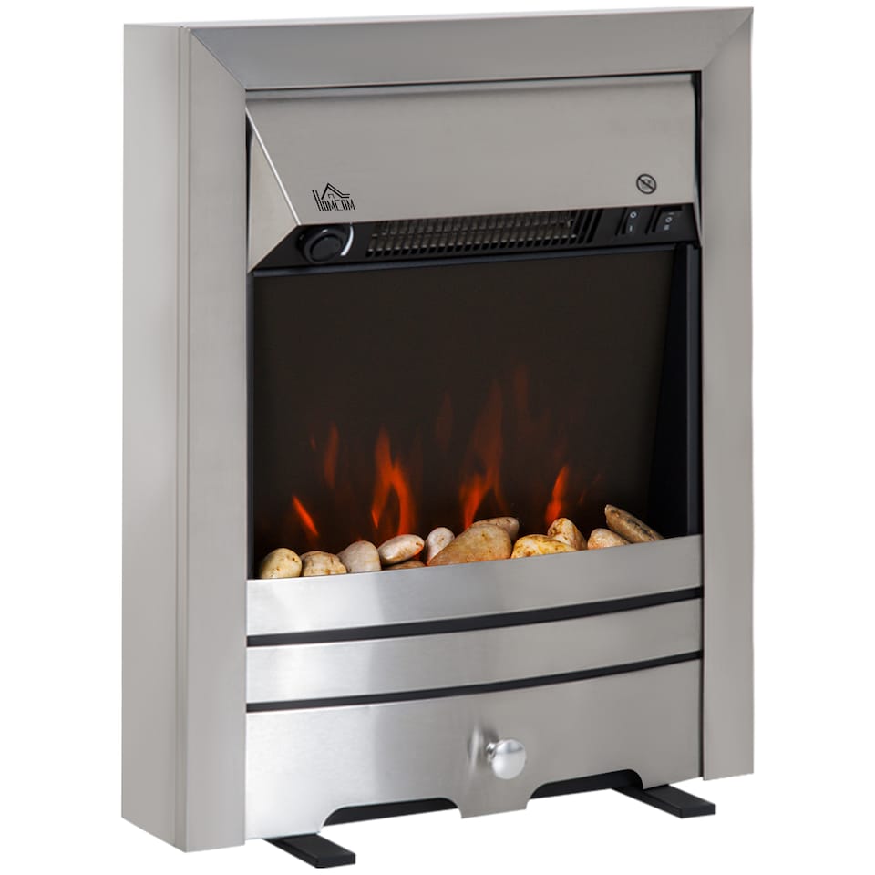 image 1 of HOMCOM Electric Fireplace Stainless Steel 2KW Heater LED Fire Flame Silver | Brown