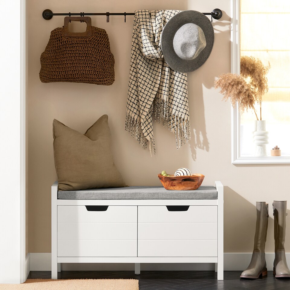 image 1 of SoBuy Shoe Storage Bench with Seat Cushion & Double Doors, White, 35.8x11.8x19.7 in, 12.8 kg - FSR63-II-W
