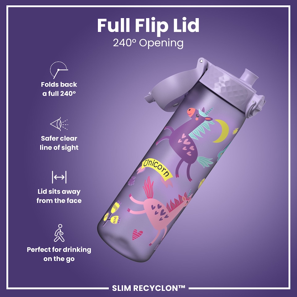 image 1 of Leak Proof Slim Water Bottle, BPA Free, 500ml (18oz) | Purple | Unicorns Periwinkle | One Size