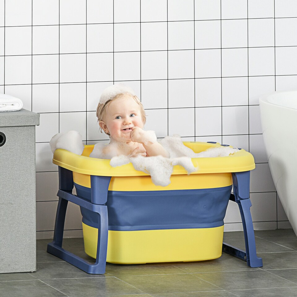 image 1 of HOMCOM Foldable Baby Bathtub for Newborns Infants Toddlers w/ Stool - Yellow