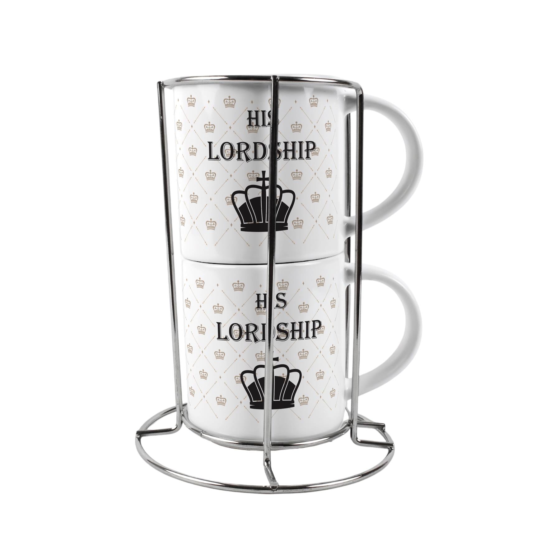 Lordship Stacking Mugs Set - Regal Gifts for Couples Ceramic Cups Set of 2 with Metal Stand White