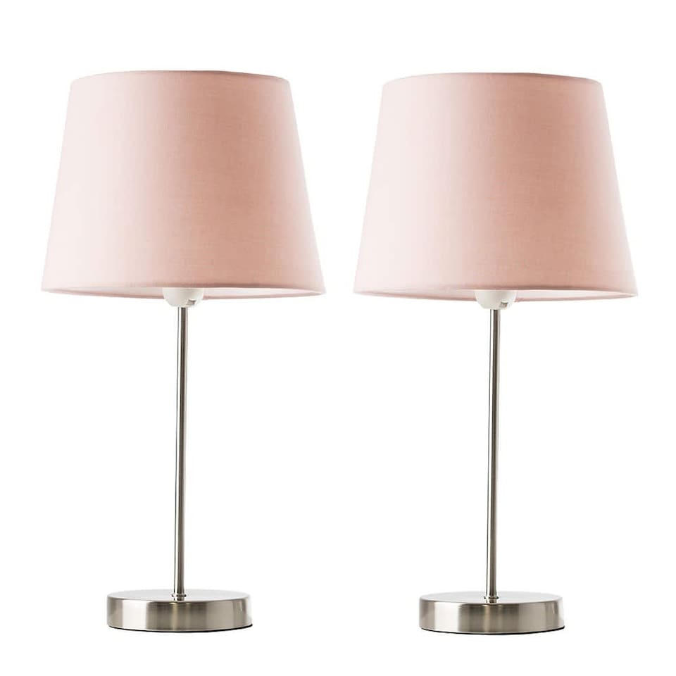 image 1 of ValueLights Charlie Pair Brushed Chrome Table Lamps Pink Taper Shades
