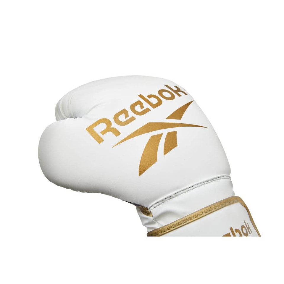 image 1 of Reebok 14oz Boxing Gloves — Gold/White Synthetic Leather with Breathable Mesh | White | Gold/White | 14oz