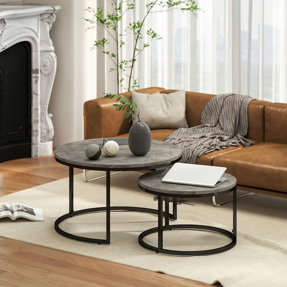 image 1 of HOMCOM 2 Pcs Stacking Coffee Table Set Steel Frame Marble-Effect Top Foot Pads 
