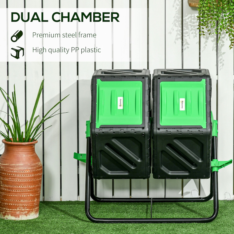 image 1 of Outsunny 130L Compost Bin Dual Chamber Rotating Composter w/ Ventilation Holes