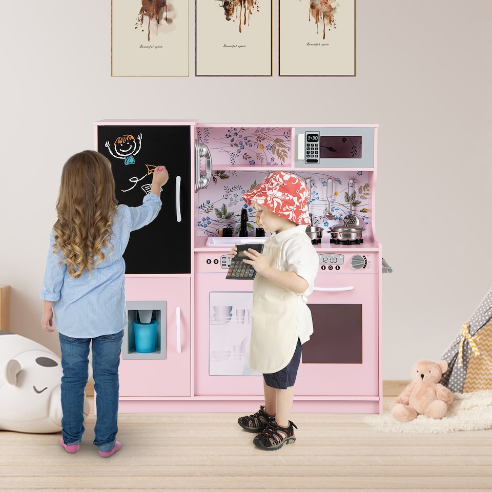 image 1 of COSTWAY Wooden Play Kitchen Kids Pretend Play Toy Microwave Ice Make Pink