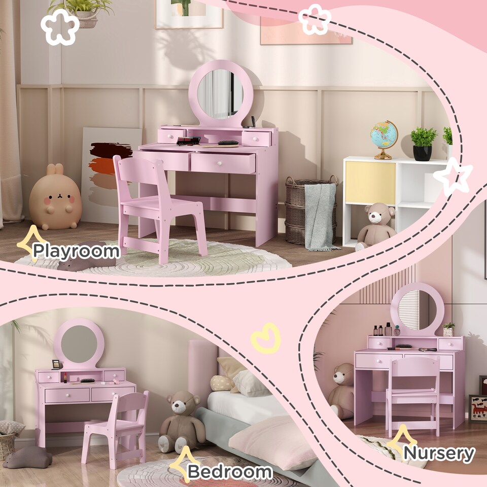 image 1 of AIYAPLAY Kids Dressing Table Set w Stool, Mirror, Drawers - Pink | Pink