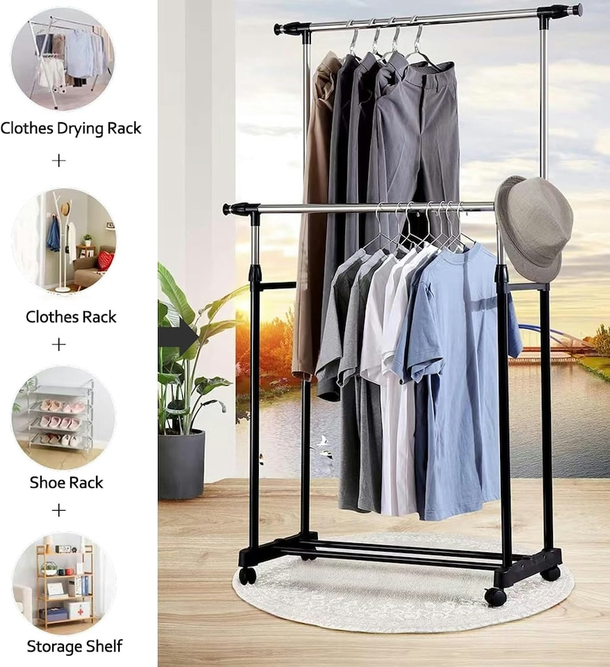 image 1 of Double-rail Adjustable Garment Rack Clothing Rail Stand on Castor Wheels with Hanging Rail and Storage Shelf | Multi | One Size