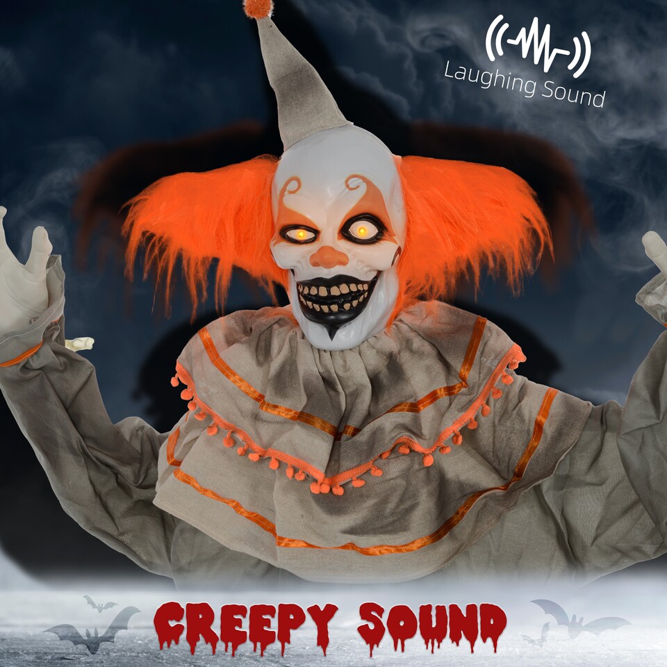 image 1 of HOMCOM 183cm 72 Orange Classic Clown Outdoor Halloween Decoration, Halloween Animatronic with Sound Activated, Light Up Eyes, Sound Effects, Animated Prop for Haunted House