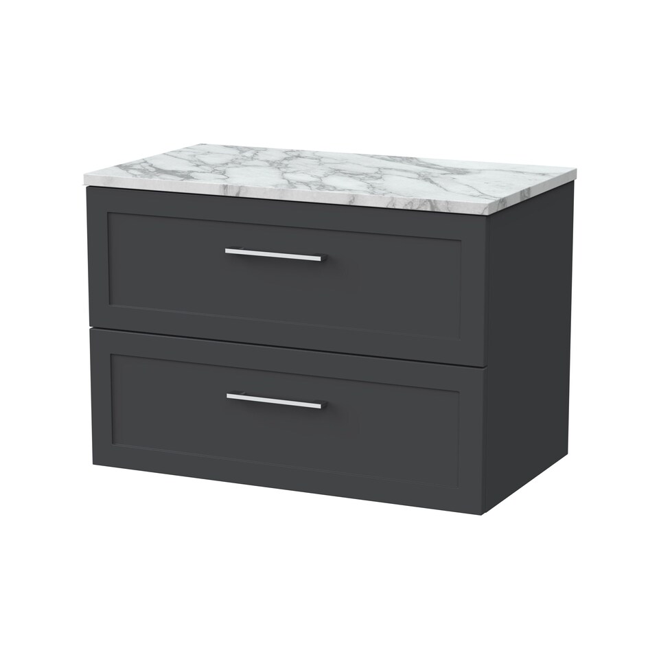 image 1 of Balterley Stonnall Traditional Wall Hung 2 Drawers Vanity Unit with Carrera Marble Laminate Worktop, 800mm, Dark Grey