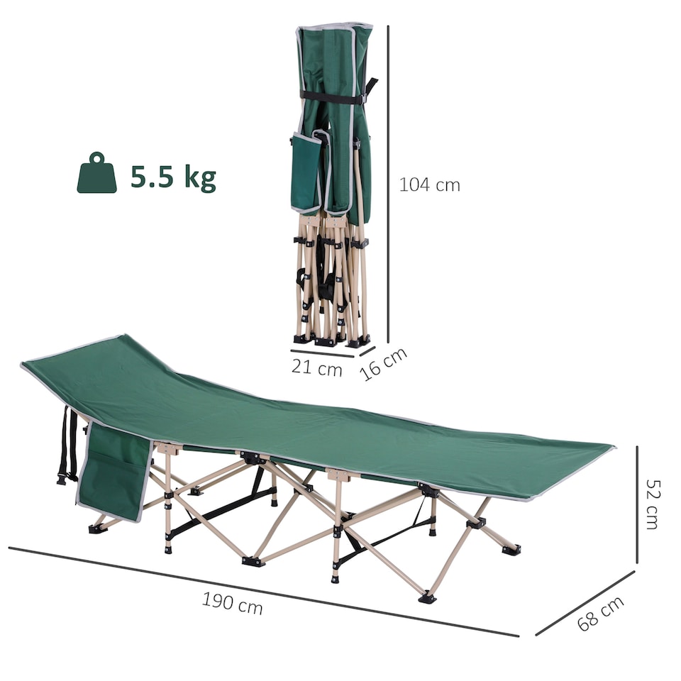 image 1 of Outsunny Single Person Camping Bed Folding Cot Outdoor Patio Portable Military Sleeping Bed Travel Guest Leisure Fishing with Side Pocket and Carry Bag - Green