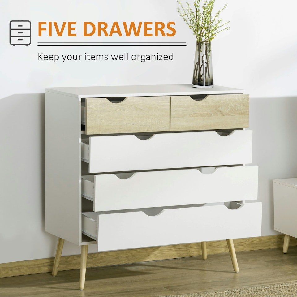 image 1 of HOMCOM Chest of Drawers, 5 Drawer Storage Cabinet Unit Bedroom Living Room