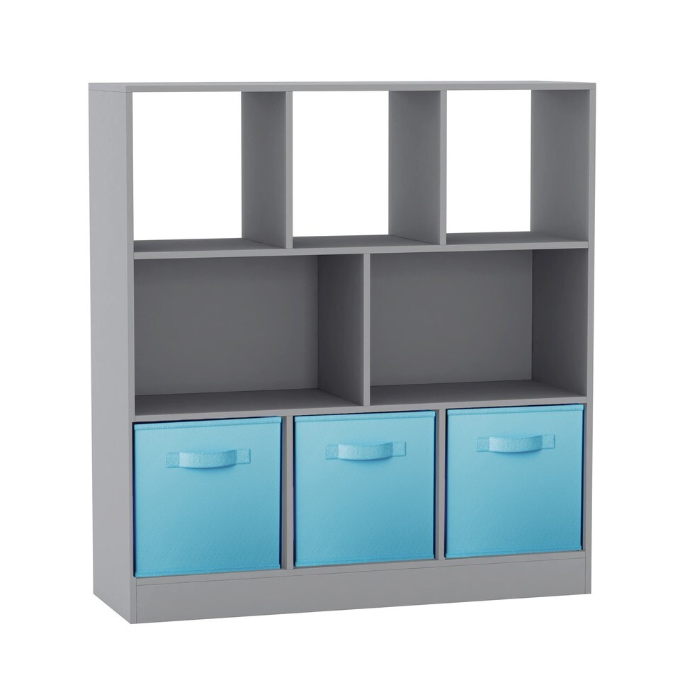 Asymmetrical 8 Grey Cube Bookcase Shelf Storage Unit with 3 Fabric Drawer Inserts Multi Grey & Sky blue 1