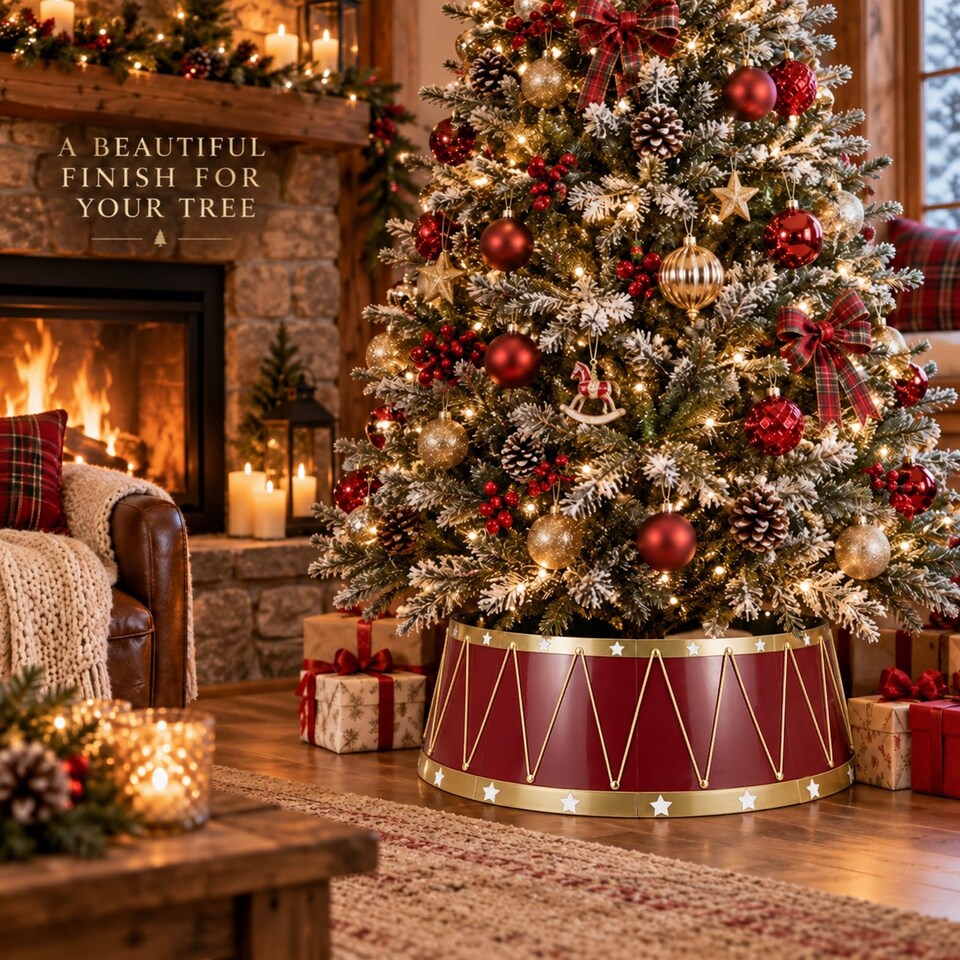 image 1 of 25.6 to 28.4 Inch Drum Christmas Tree Collar Foldable Base Cover for a Neat Festive Finish