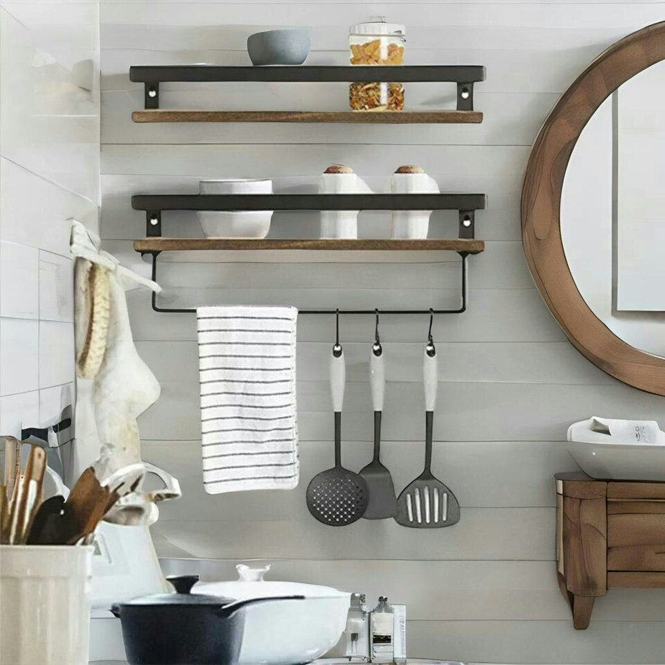 image 1 of Industrial 2PC Tier Wooden Floating Shelves with Hanging Rail Brown