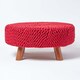 image 1 of Homescapes Red Round Cotton Knitted Footstool on Legs | Red | 62 x 62 x 30 cm